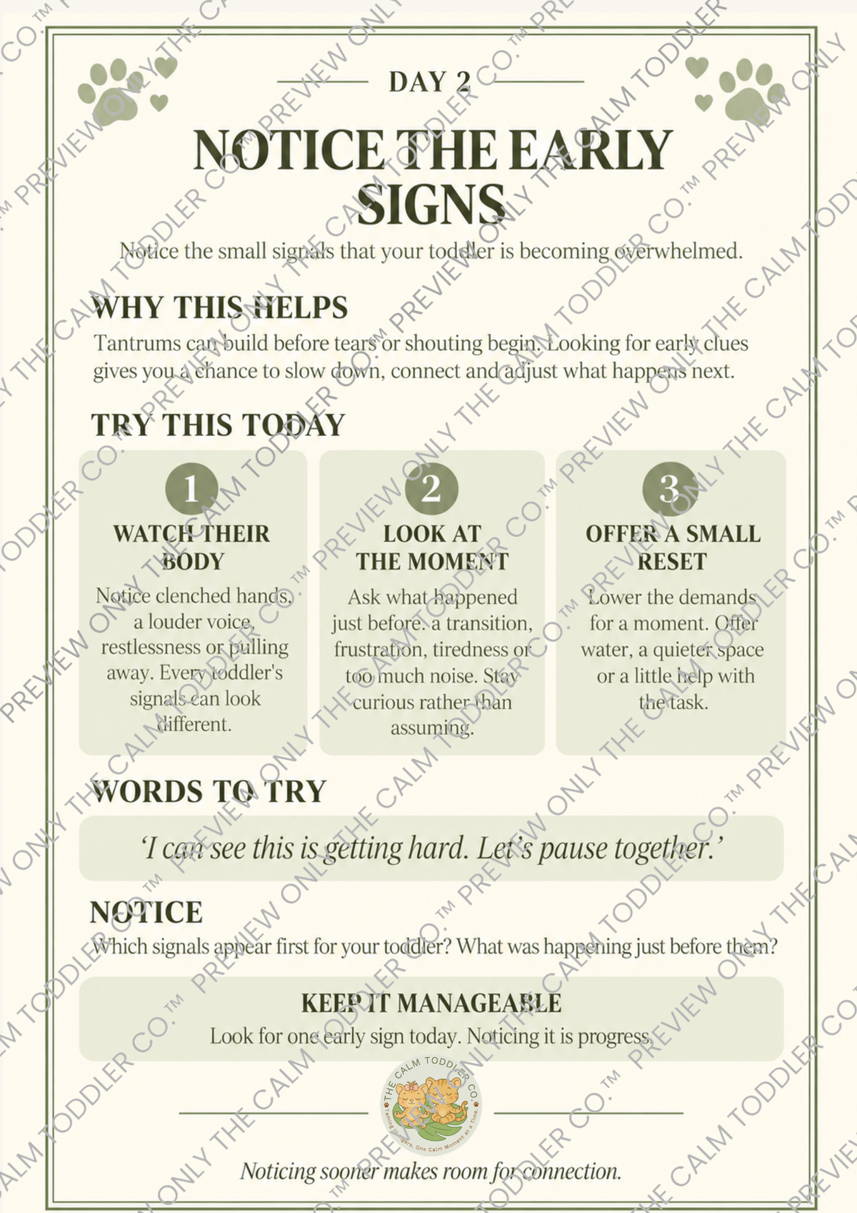 A printed informational poster titled 'Day 2 Notice the Early Signs' with text about toddler behavior changes, numbered tips for trying these signs today, and a small illustration of a teddy bear at the bottom. The design uses beige, cream, and muted green tones with repeated diagonal watermark text across the page.