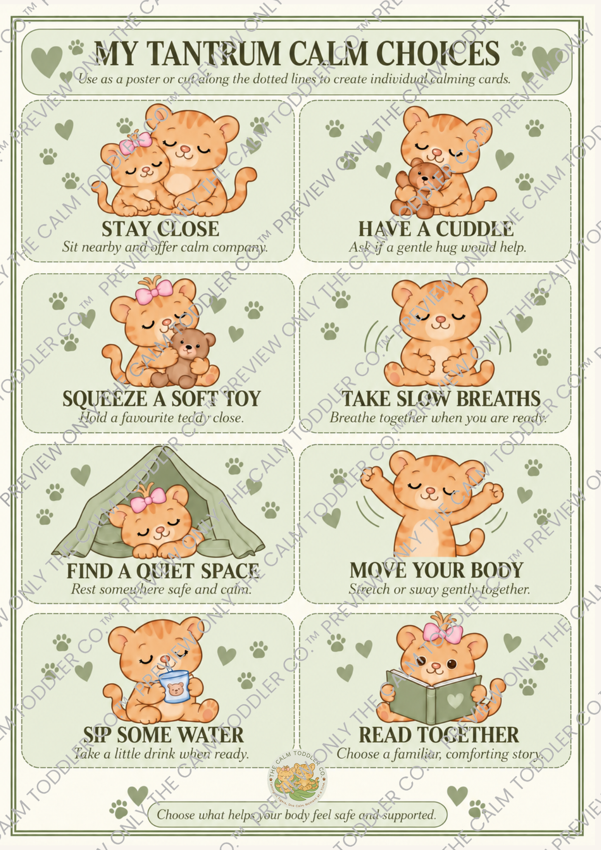 A printed poster-style sheet titled 'MY TANTRUM CALM CHOICES' with six illustrated orange teddy bear scenes and text prompts such as 'Stay Close,' 'Have a Cuddle,' 'Squeeze a Soft Toy,' 'Take Slow Breaths,' 'Find a Quiet Space,' 'Move Your Body,' 'Sip Some Water,' and 'Read Together.'.