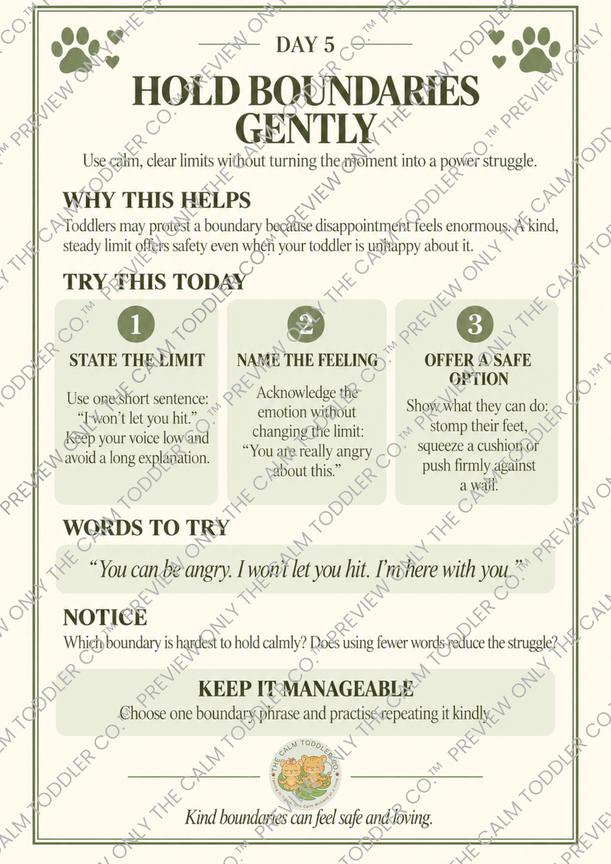 A printed educational poster titled 'HOLD BOUNDARIES GENTLY' with the heading 'DAY 5' and three numbered panels offering guidance for toddlers. The poster has a cream background with green border lines, green paw prints, and black text, plus a small illustration of a teddy bear and backpack at the bottom.