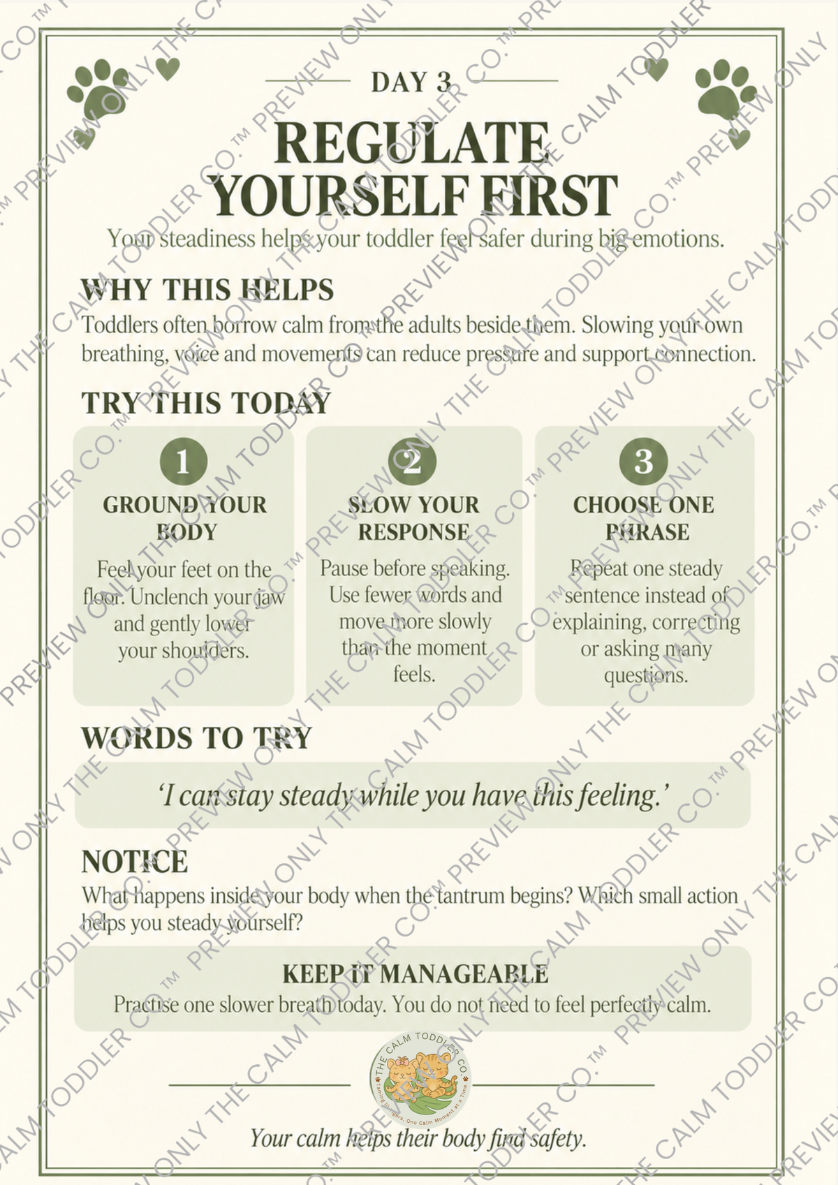A printed informational poster titled 'DAY 3 REGULATE YOURSELF FIRST' with green paw-print graphics and step-by-step guidance for self-regulation techniques, shown on a light beige background with a faint diagonal watermark.