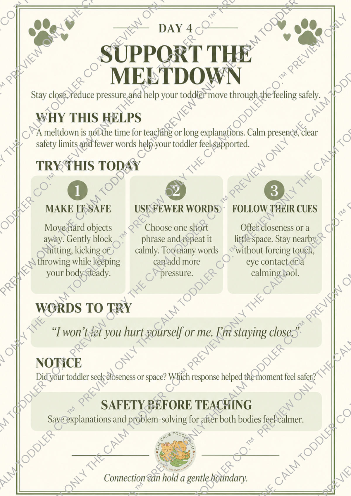 A printed educational poster titled 'SUPPORT THE MELDLOW' with the header 'DAY 4' and repeated diagonal watermark text across the page. The poster contains instructional text, paw-print icons, numbered steps, and a small illustration at the bottom, presented on a light beige background.