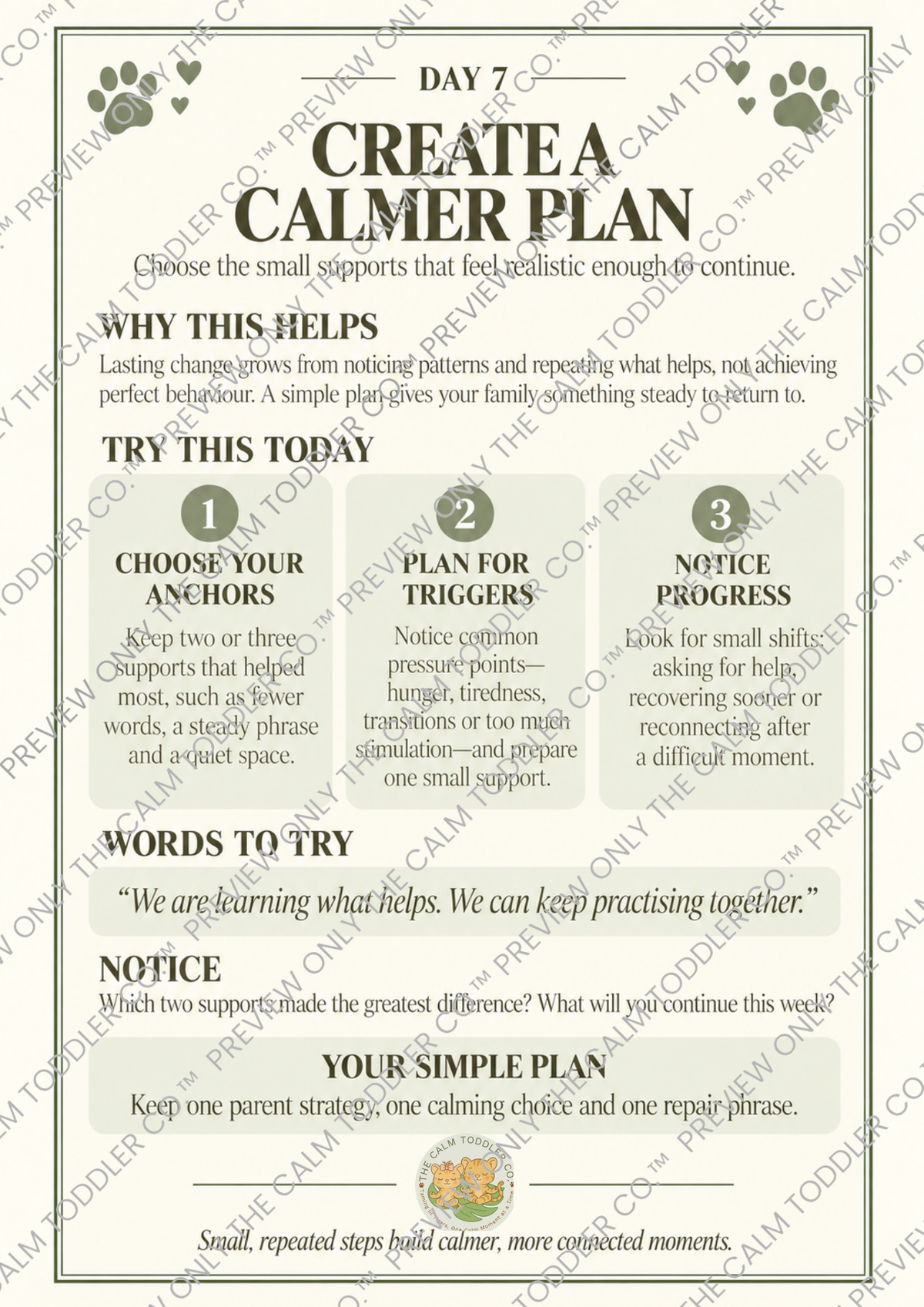 A printed informational poster titled 'CREATE A CALMER PLAN' with the heading 'DAY 7' and multiple paragraphs of text about anchoring, planning for triggers, noticing progress, and a simple plan. The design is mostly off-white with black text and a thin border, plus small decorative paw prints and a circular seal near the bottom.